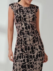Jolie Moi Brown Shoulder Pad Mesh Bodycon Dress - Image 3 of 6