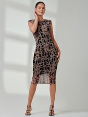 Jolie Moi Brown Shoulder Pad Mesh Bodycon Dress - Image 5 of 6