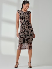 Jolie Moi Brown Shoulder Pad Mesh Bodycon Dress - Image 6 of 6