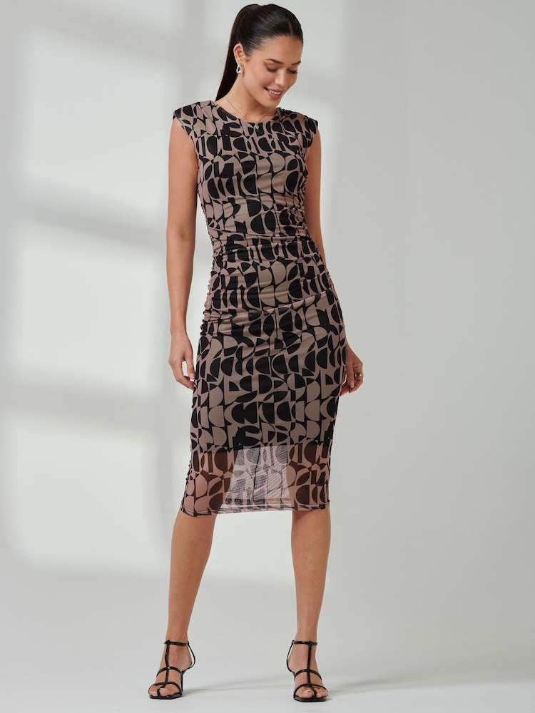 Jolie Moi Brown Shoulder Pad Mesh Bodycon Dress - Image 6 of 6