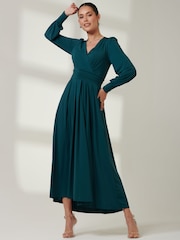 Jolie Moi Olive Green Long  Sleeve Soft Silky Jersey Maxi Dress - Image 1 of 6