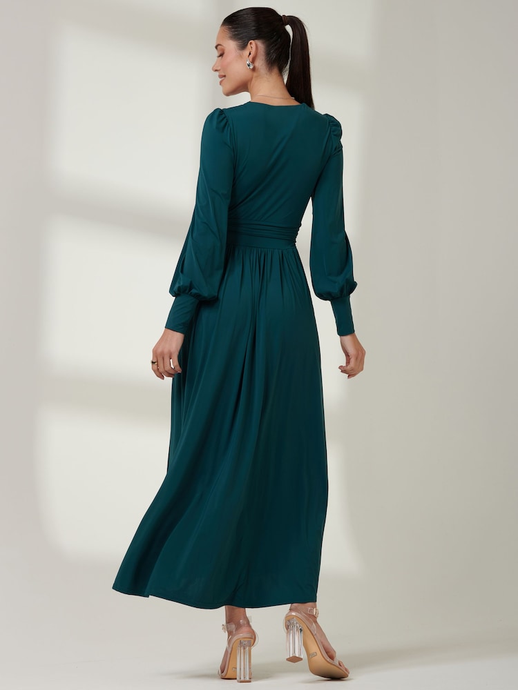 Jolie Moi Olive Green Long  Sleeve Soft Silky Jersey Maxi Dress - Image 2 of 6