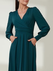 Jolie Moi Olive Green Long  Sleeve Soft Silky Jersey Maxi Dress - Image 3 of 6