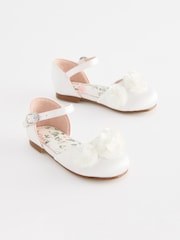White Satin Flower Girl Ankle Strap Corsage Occasion Shoes - Image 1 of 5