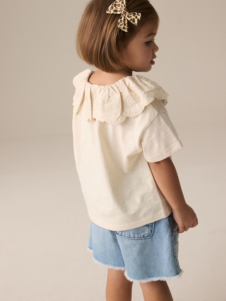 שמנת - Short Sleeve Broderie Collar 100% Cotton Top (3mths-7yrs) - Image 3 of 8