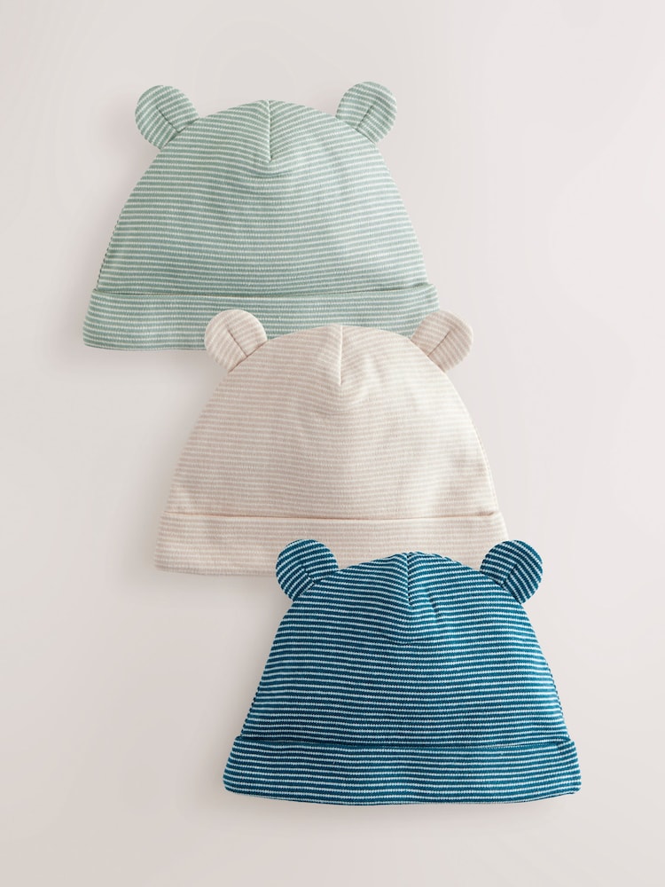 Blau - Beanies mit Streifen für Babys aus 100 % Baumwolle im 3er-Pack (0–18 Monate) - Bild 1 von 6