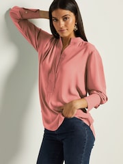 Rose Pink Long Sleeve Overhead V-Neck Relaxed Fit Blouse - Image 1 of 7