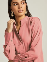 Rose Pink Long Sleeve Overhead V-Neck Relaxed Fit Blouse - Image 4 of 7