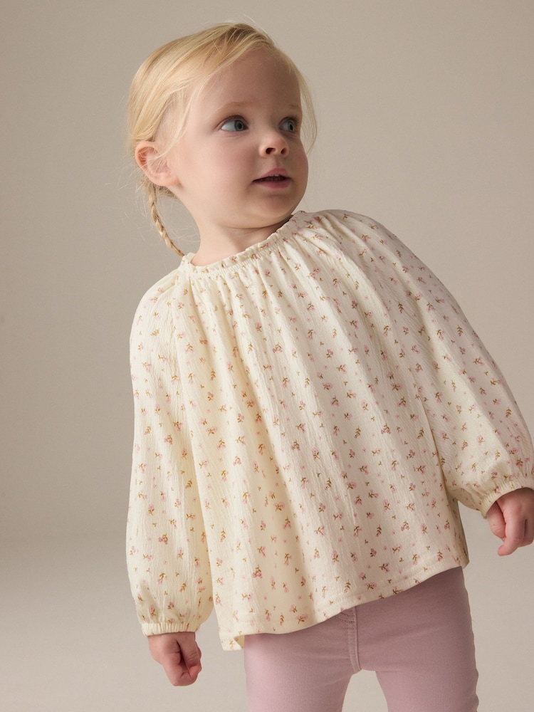 Cream Ditsy Floral Long Sleeve Gathered Neck Blouse (3mths-7yrs) - Image 1 of 7