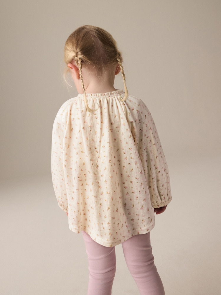 Cream Ditsy Floral Long Sleeve Gathered Neck Blouse (3mths-7yrs) - Image 3 of 7