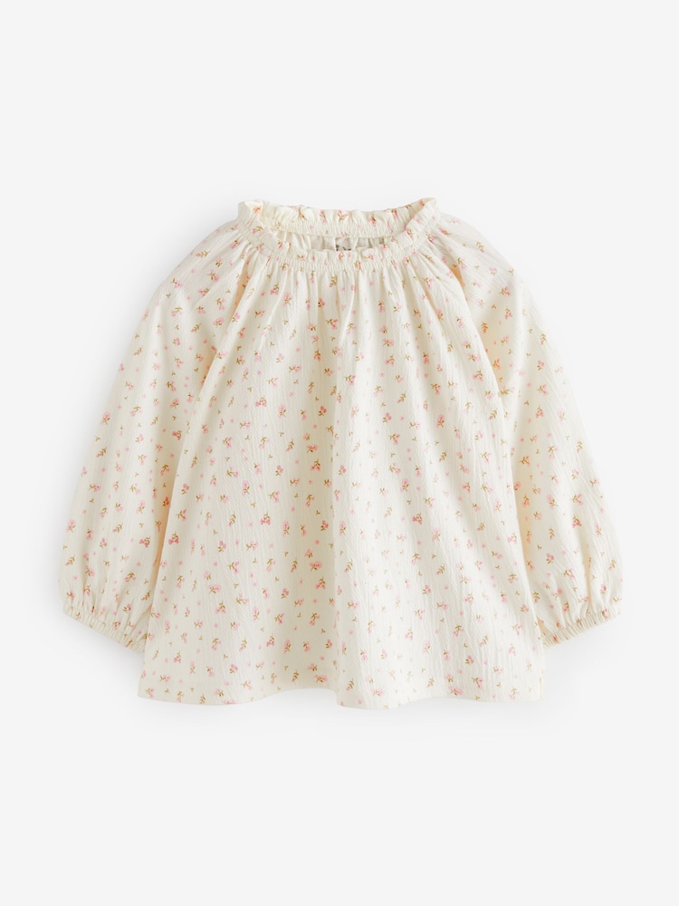 Cream Ditsy Floral Long Sleeve Gathered Neck Blouse (3mths-7yrs) - Image 4 of 7