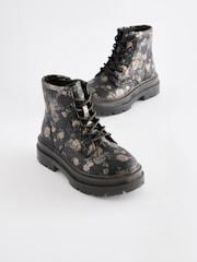 Black Floral Lace Up Chunky Ankle Boots - Image 1 of 6