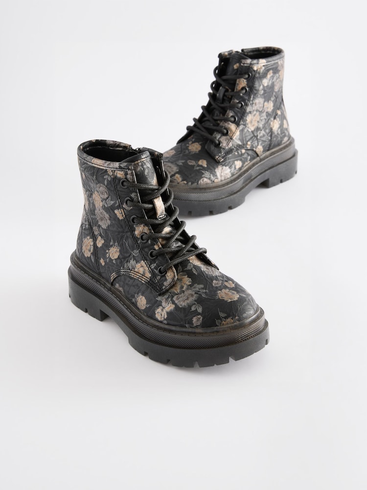 Black Floral Lace Up Chunky Ankle Boots - Image 1 of 6