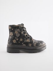 Black Floral Lace Up Chunky Ankle Boots - Image 2 of 6