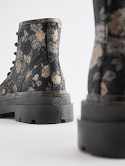 Black Floral Lace Up Chunky Ankle Boots - Image 3 of 6