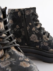 Black Floral Lace Up Chunky Ankle Boots - Image 4 of 6