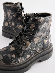 Black Floral Lace Up Chunky Ankle Boots - Image 5 of 6