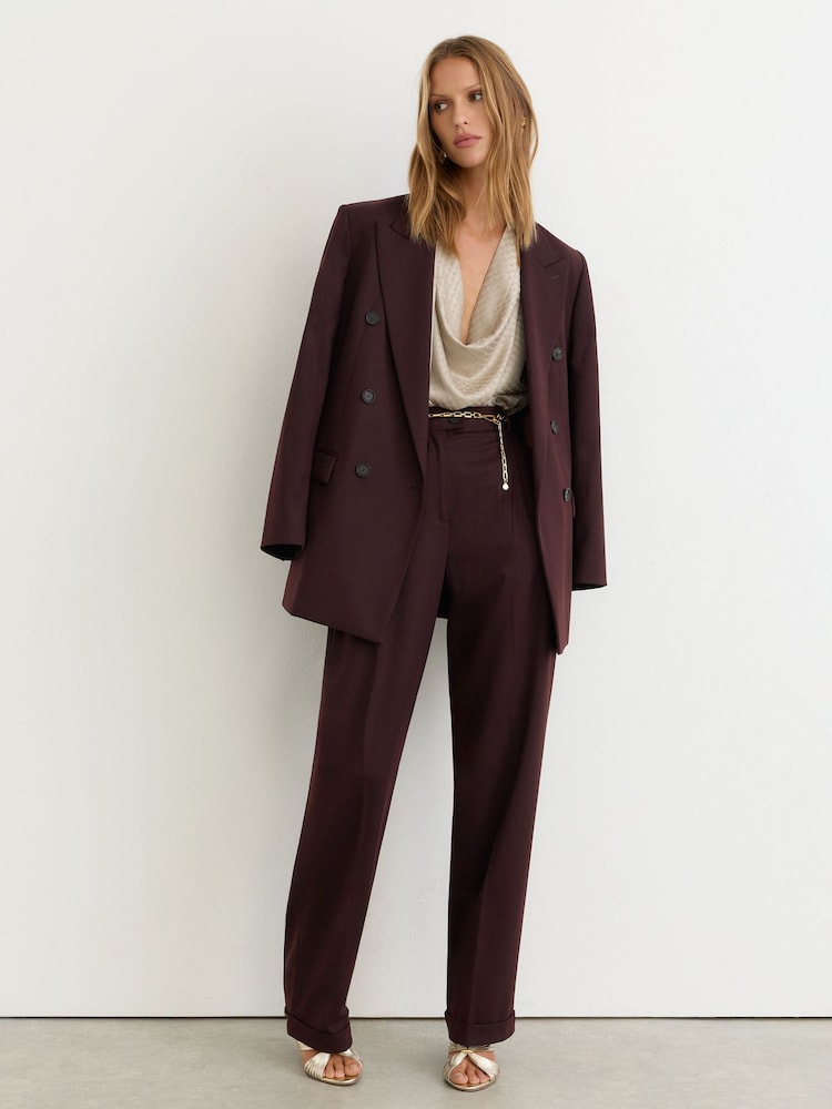 Reiss Dark Aubergine Leisel Wool-Blend Wide-Leg Pleated Suit Trousers - Image 1 of 8 Reiss Dark Aubergine Leisel Wool-Blend Wide-Leg Pleated Suit Trousers - Image 1 of 8