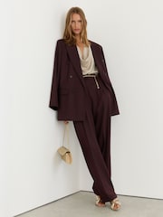 Reiss Dark Aubergine Leisel Wool-Blend Wide-Leg Pleated Suit Trousers - Image 6 of 8