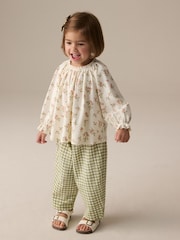 Cream Floral Gingham Textured Wide Leg Trousers (3mths-7yrs) - Image 1 of 3