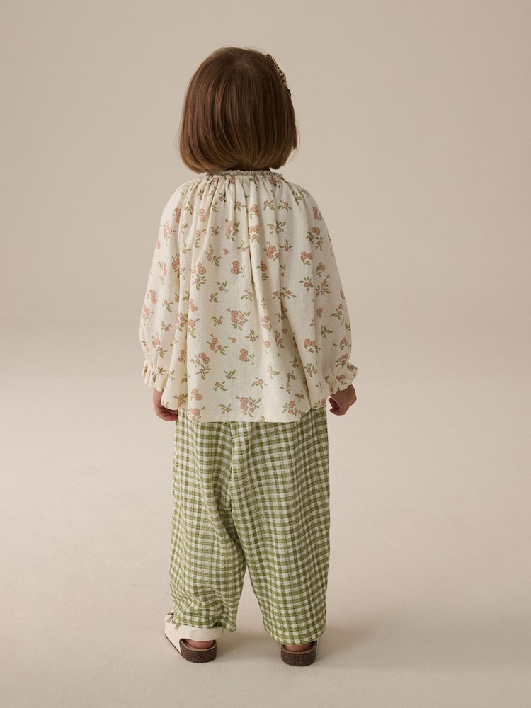 Cream Floral Gingham Textured Wide Leg Trousers (3mths-7yrs) - Image 3 of 3