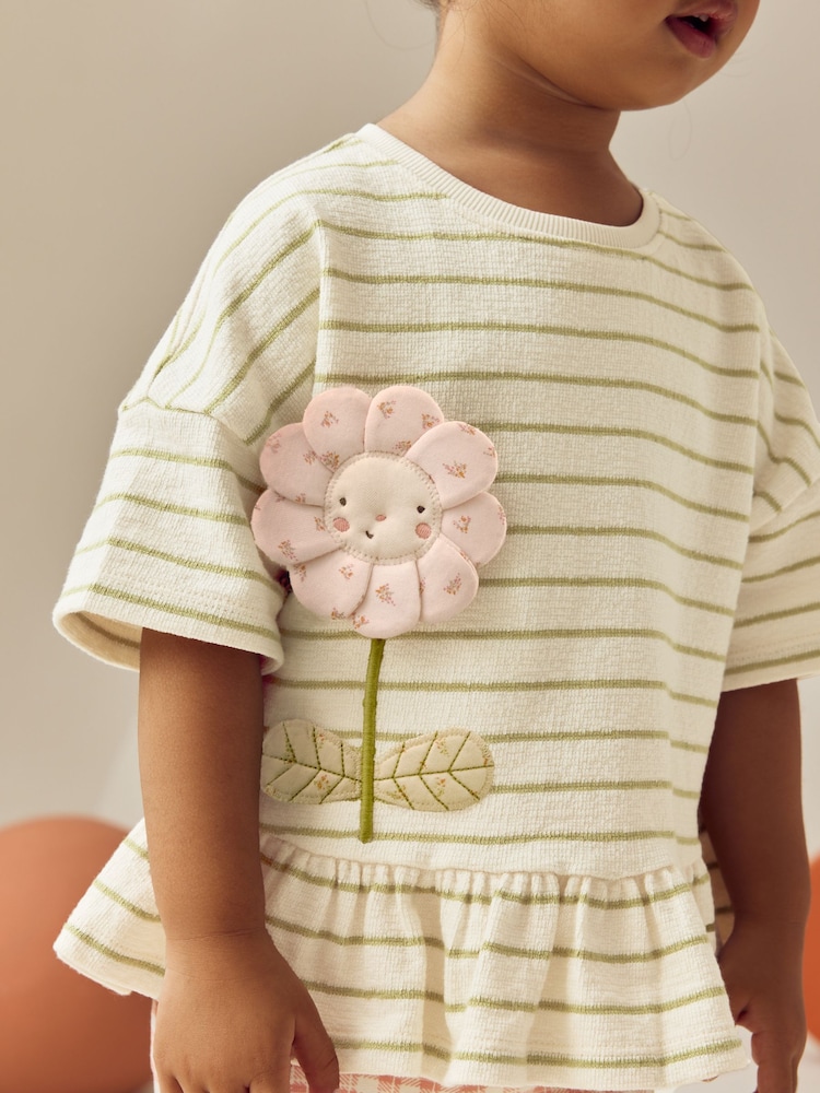 Cream Stripe Flower Short Sleeve T-Shirt and Leggings Set (3mths-7yrs) - Image 2 of 6