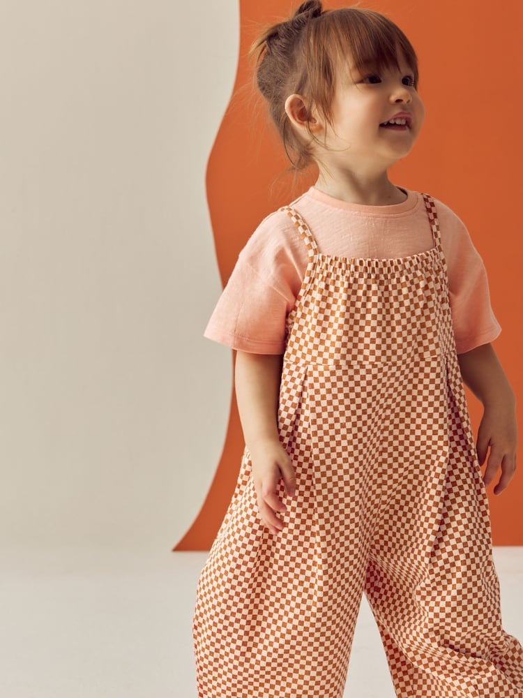 Naranja con cuadros de damas - Conjunto de mono corto y camiseta de algodón 100 % y manga corta (3 meses - 7 años) - Imagen 2 de 9 Naranja con cuadros de damas - Conjunto de mono corto y camiseta de algodón 100 % y manga corta (3 meses - 7 años) - Imagen 2 de 9