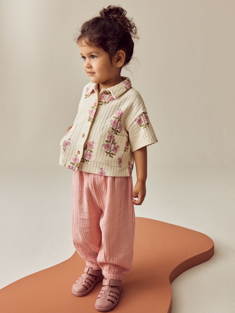 Pink/Cream Flower Short Sleeve Shirt and Trousers Set (3mths-7yrs) - Image 1 of 8