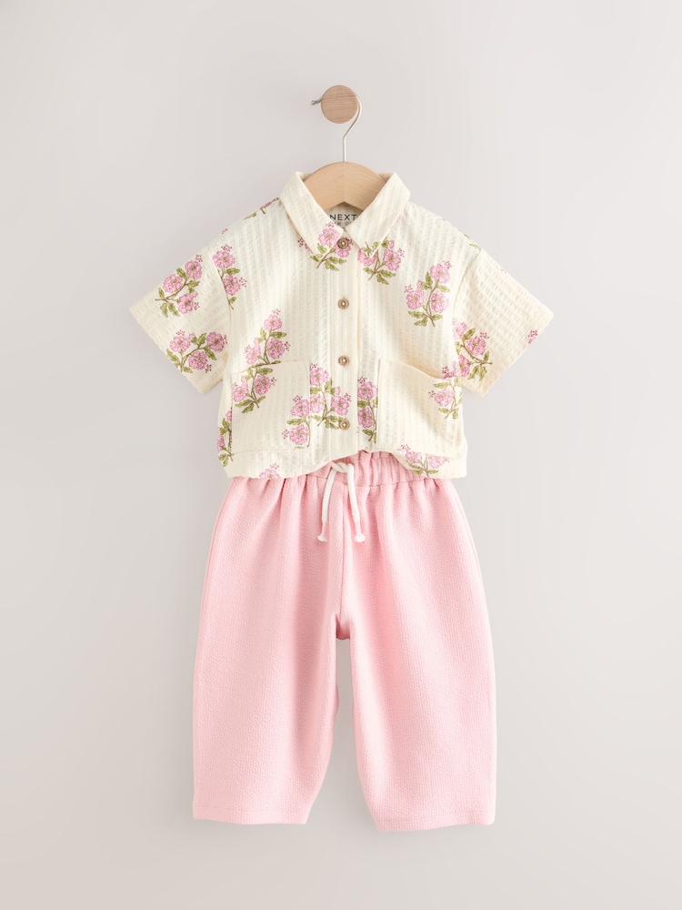 Pink/Cream Flower Short Sleeve Shirt and Trousers Set (3mths-7yrs) - Image 5 of 8