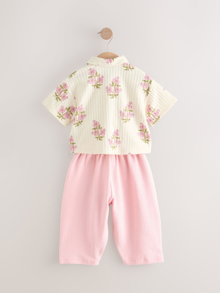 Pink/Cream Flower Short Sleeve Shirt and Trousers Set (3mths-7yrs) - Image 6 of 8