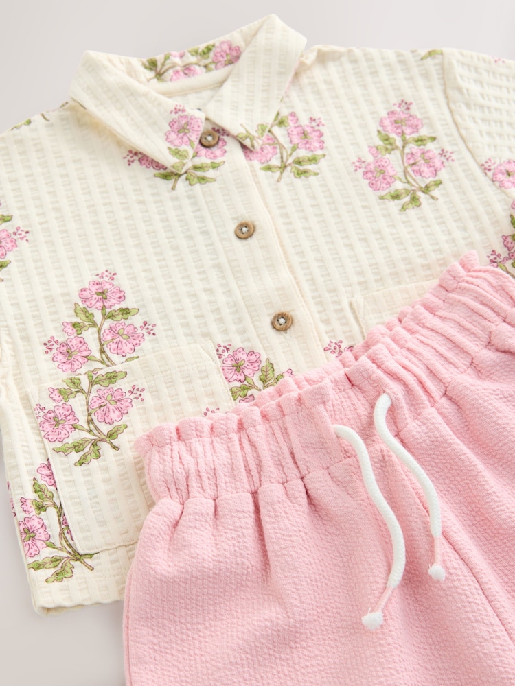 Pink/Cream Flower Short Sleeve Shirt and Trousers Set (3mths-7yrs) - Image 7 of 8