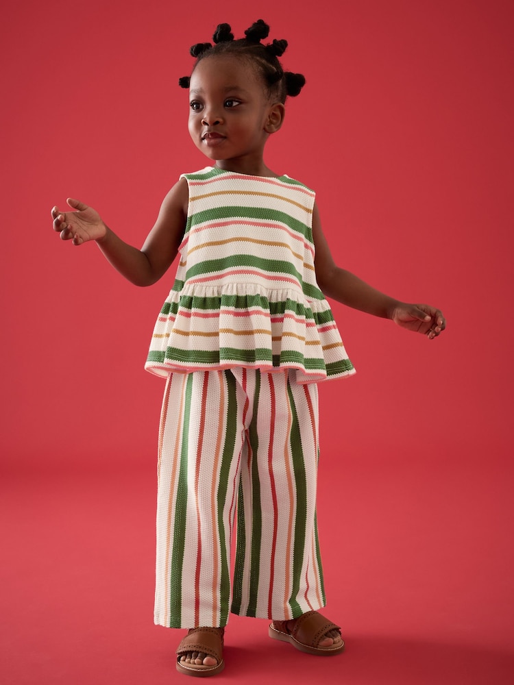 Green/Pink Stripe Peplum 100% Cotton Top and Wide Trousers Set (3mths-7yrs) - Image 1 of 8