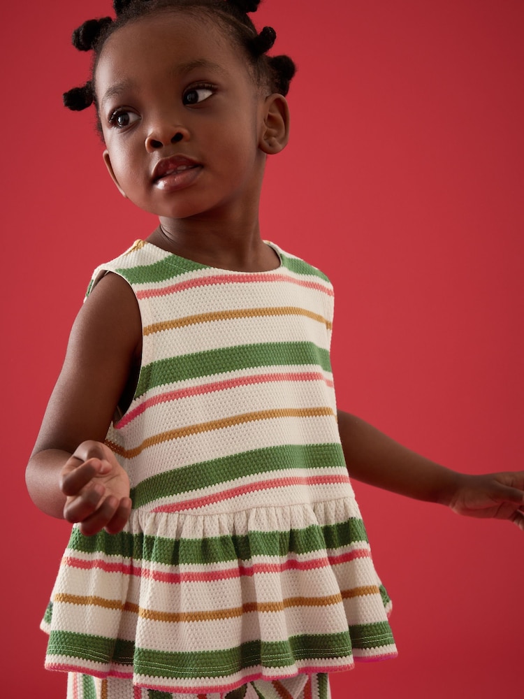 Green/Pink Stripe Peplum 100% Cotton Top and Wide Trousers Set (3mths-7yrs) - Image 2 of 8