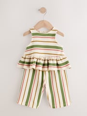 Green/Pink Stripe Peplum 100% Cotton Top and Wide Trousers Set (3mths-7yrs) - Image 4 of 8