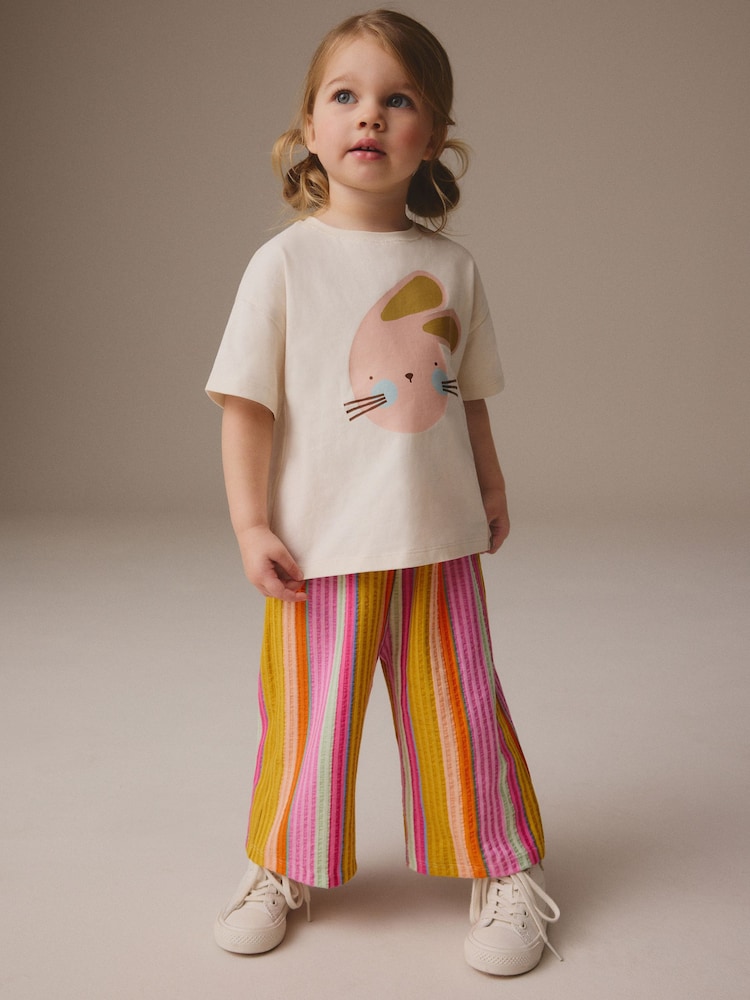 Rainbow Bunny Short Sleeve 100% Cotton T-Shirt and Wide Trousers Set (3mths-7yrs) - Image 1 of 4