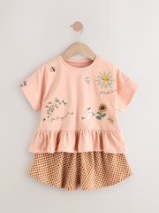 Coral Pink Flower Embroidery 100% Cotton Short Sleeve Peplum T-Shirt and Shorts Set (3mths-7yrs) - Image 1 of 5