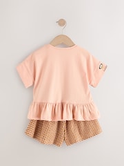 Coral Pink Flower Embroidery 100% Cotton Short Sleeve Peplum T-Shirt and Shorts Set (3mths-7yrs) - Image 2 of 5