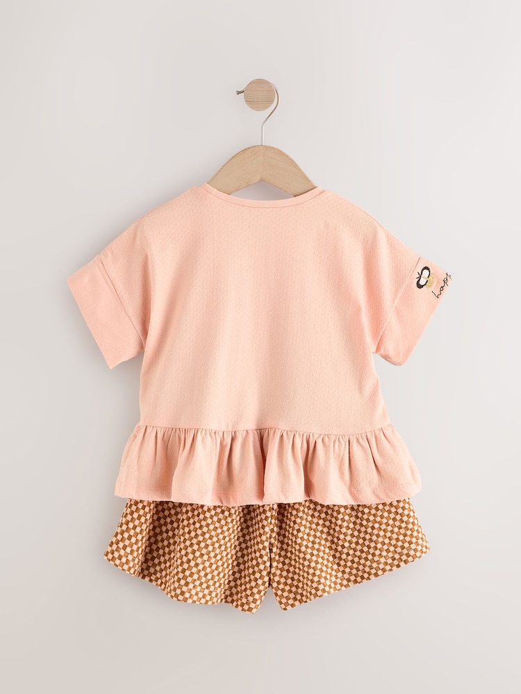 Coral Pink Flower Embroidery 100% Cotton Short Sleeve Peplum T-Shirt and Shorts Set (3mths-7yrs) - Image 2 of 5