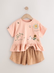 Coral Pink Flower Embroidery 100% Cotton Short Sleeve Peplum T-Shirt and Shorts Set (3mths-7yrs) - Image 3 of 5