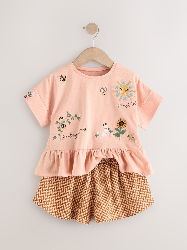 Coral Pink Flower Embroidery 100% Cotton Short Sleeve Peplum T-Shirt and Shorts Set (3mths-7yrs) - Image 3 of 5