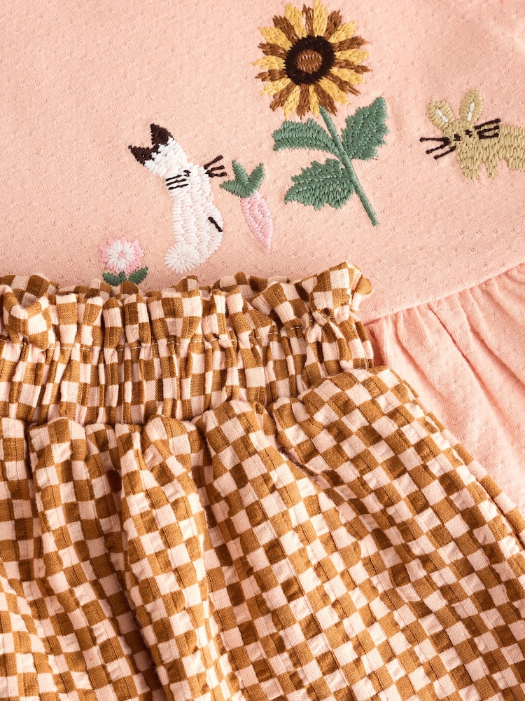 Coral Pink Flower Embroidery 100% Cotton Short Sleeve Peplum T-Shirt and Shorts Set (3mths-7yrs) - Image 4 of 5