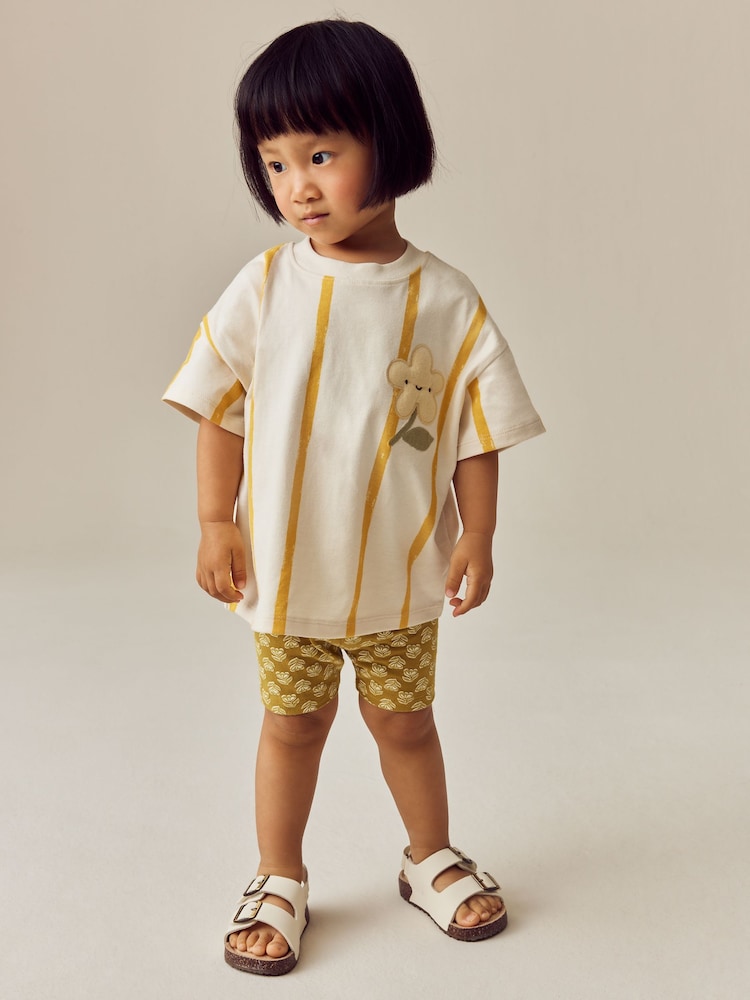 Cream Padded Flower Short Sleeve T-Shirt and Cycle Shorts Set (3mths-7yrs) - Image 1 of 9
