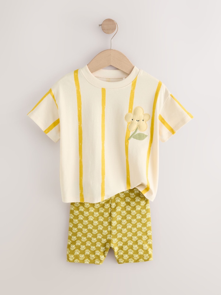 Cream Padded Flower Short Sleeve T-Shirt and Cycle Shorts Set (3mths-7yrs) - Image 6 of 9