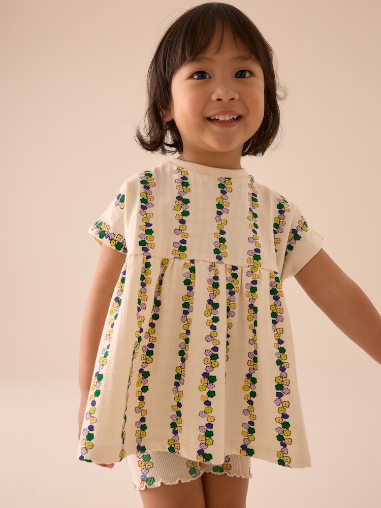 Cream Flowers Short Sleeve Peplum Top and Cycle Shorts Set (3mths-7yrs) - Image 1 of 7
