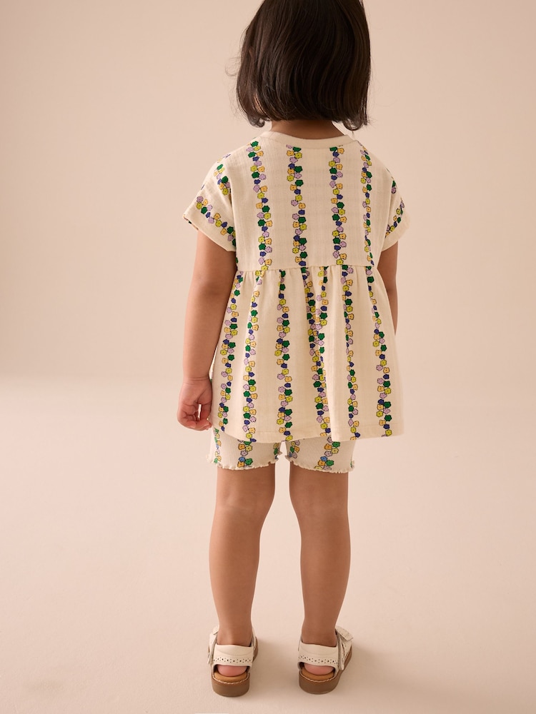 Cream Flowers Short Sleeve Peplum Top and Cycle Shorts Set (3mths-7yrs) - Image 2 of 7