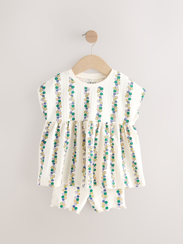 Cream Flowers Short Sleeve Peplum Top and Cycle Shorts Set (3mths-7yrs) - Image 4 of 7