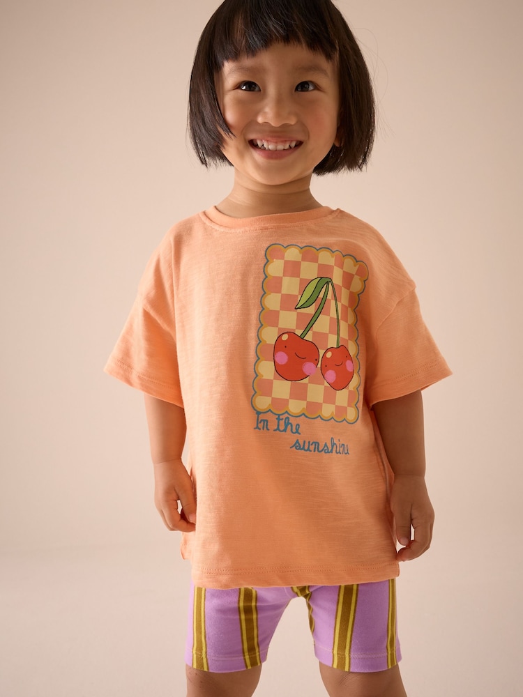Coral Pink Cherry Short Sleeve T-Shirt and Cycle Shorts Set (3mths-7yrs) - Image 1 of 7