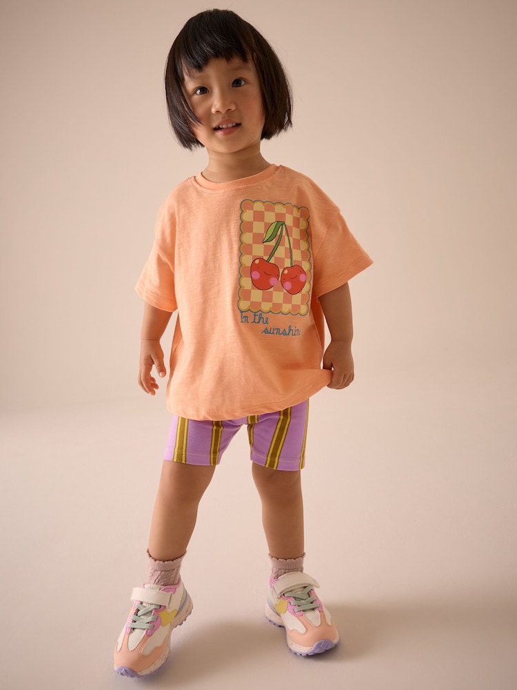 Coral Pink Cherry Short Sleeve T-Shirt and Cycle Shorts Set (3mths-7yrs) - Image 2 of 7