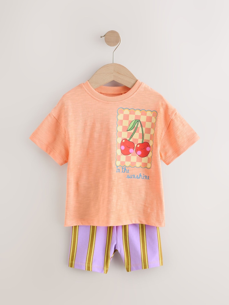 Coral Pink Cherry Short Sleeve T-Shirt and Cycle Shorts Set (3mths-7yrs) - Image 4 of 7