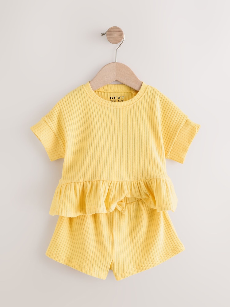 Yellow Short Sleeve Ribbed Top and Shorts Set (3mths-7yrs) - Image 6 of 9